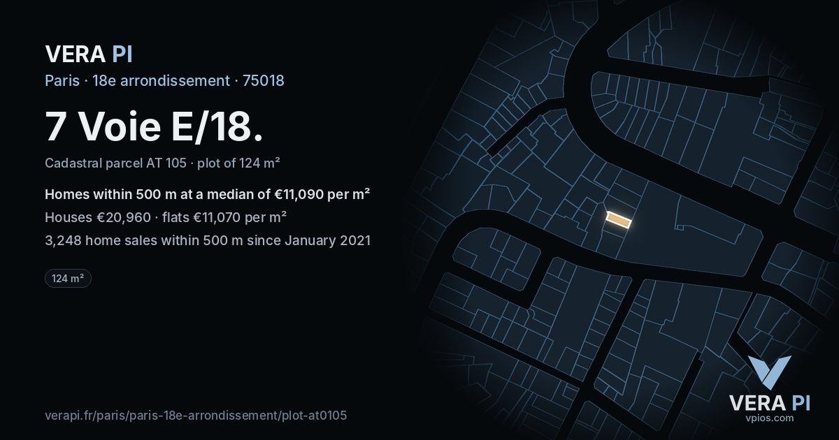 7 Voie E/18, 18e arrondissement at night – the plot lit, the parcels around coloured by the prices near them