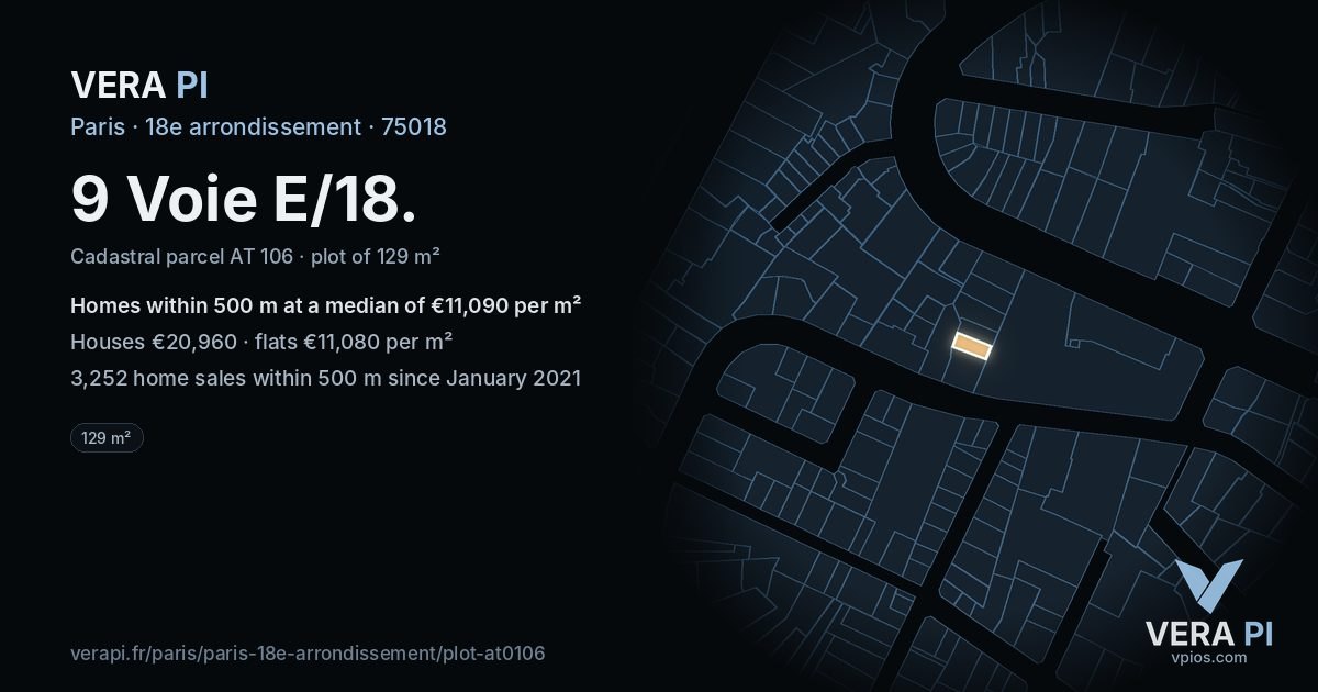 9 Voie E/18, 18e arrondissement at night – the plot lit, the parcels around coloured by the prices near them
