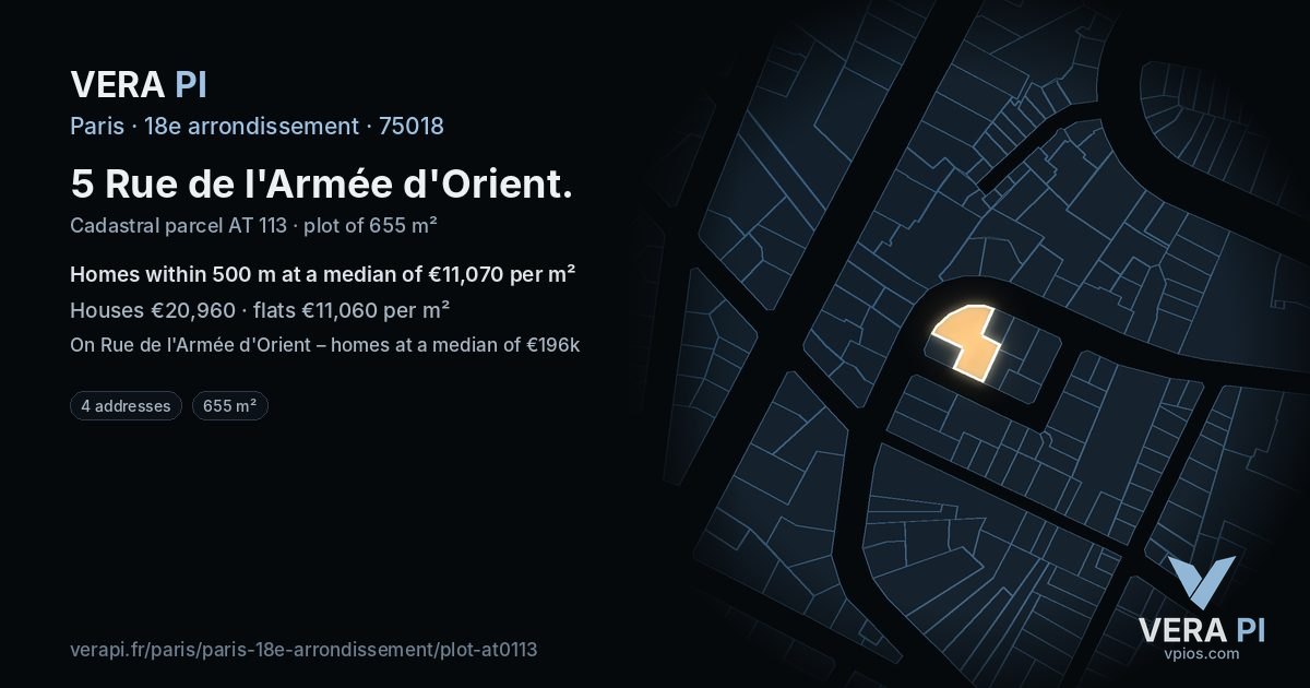 5 Rue de l'Armée d'Orient, 18e arrondissement at night – the plot lit, the parcels around coloured by the prices near them