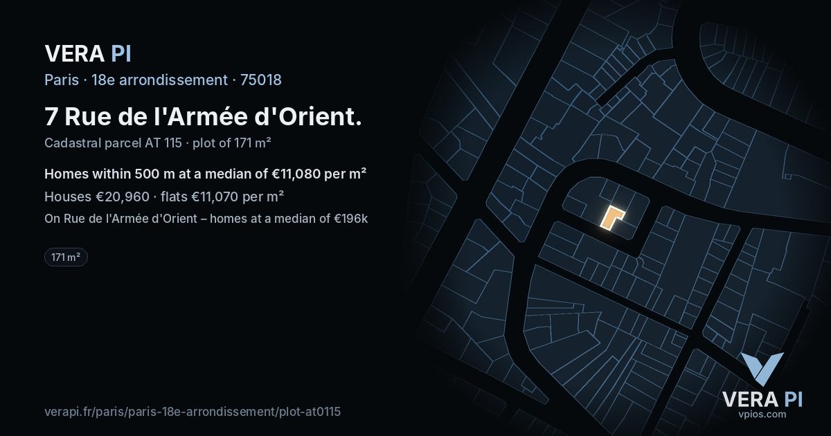 7 Rue de l'Armée d'Orient, 18e arrondissement at night – the plot lit, the parcels around coloured by the prices near them