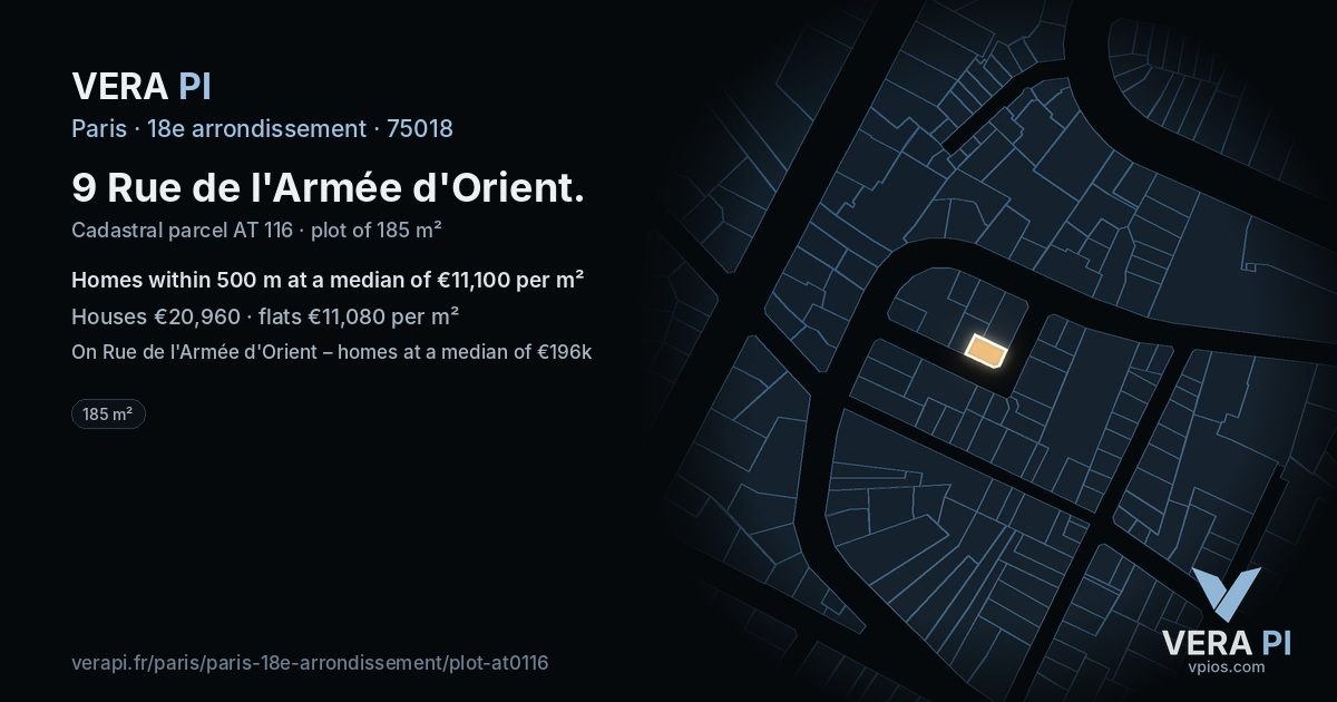 9 Rue de l'Armée d'Orient, 18e arrondissement at night – the plot lit, the parcels around coloured by the prices near them