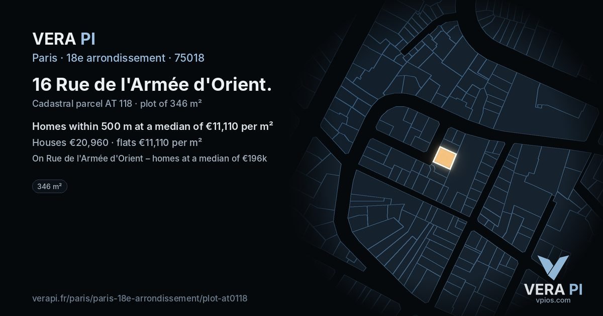 16 Rue de l'Armée d'Orient, 18e arrondissement at night – the plot lit, the parcels around coloured by the prices near them