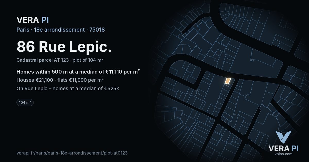 86 Rue Lepic, 18e arrondissement at night – the plot lit, the parcels around coloured by the prices near them