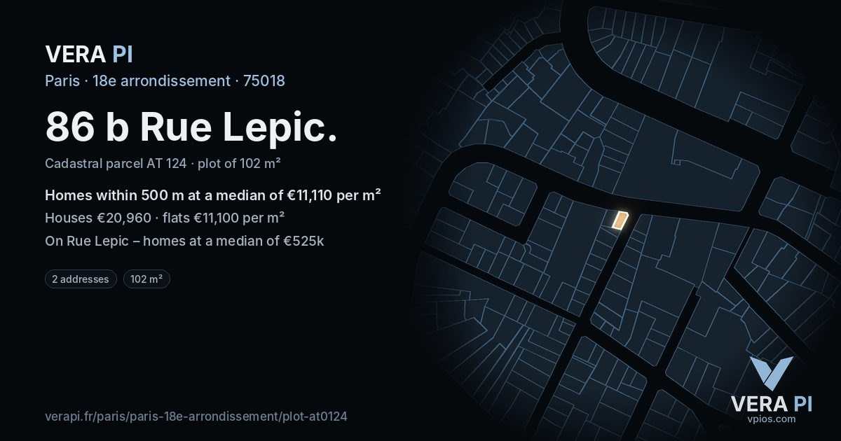 86 b Rue Lepic, 18e arrondissement at night – the plot lit, the parcels around coloured by the prices near them
