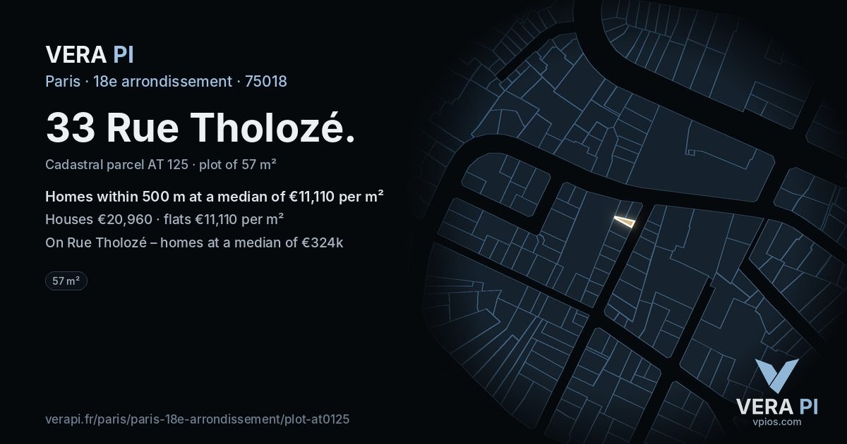 33 Rue Tholozé, 18e arrondissement at night – the plot lit, the parcels around coloured by the prices near them