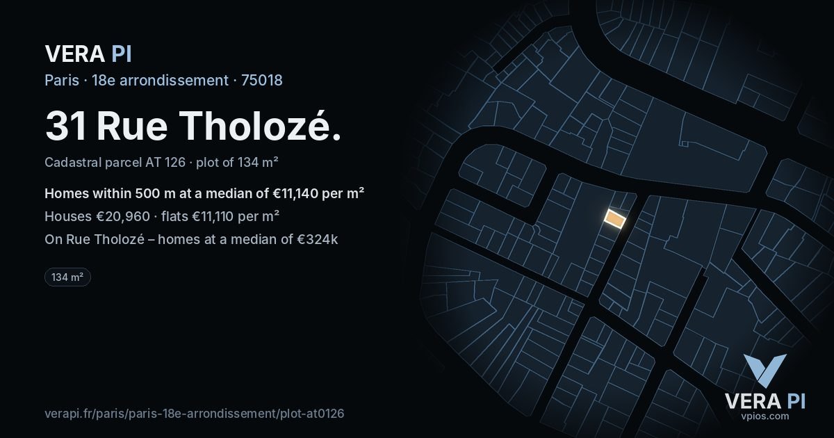31 Rue Tholozé, 18e arrondissement at night – the plot lit, the parcels around coloured by the prices near them