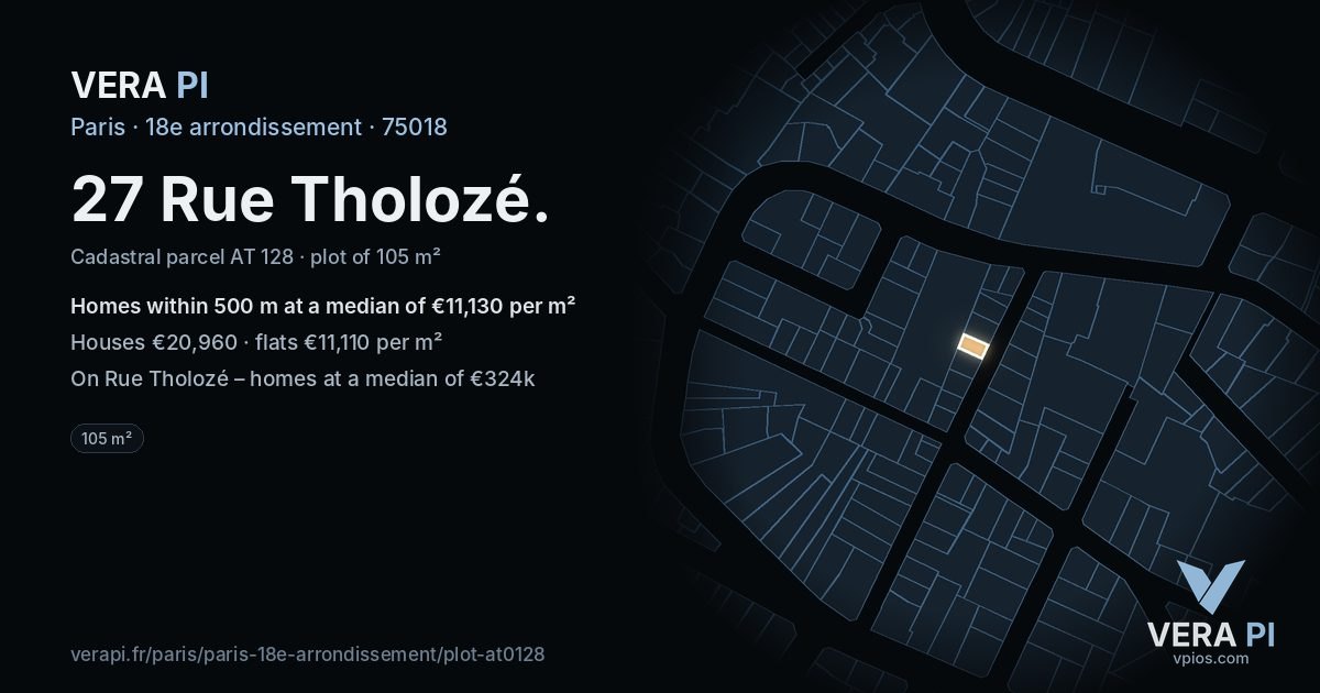27 Rue Tholozé, 18e arrondissement at night – the plot lit, the parcels around coloured by the prices near them