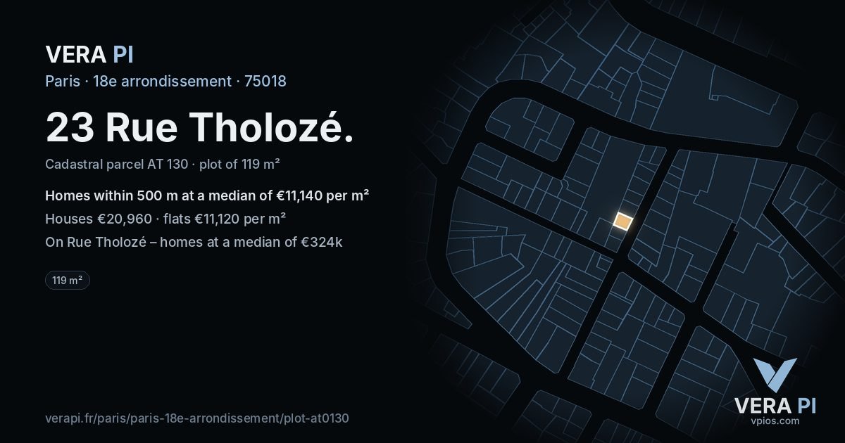 23 Rue Tholozé, 18e arrondissement at night – the plot lit, the parcels around coloured by the prices near them