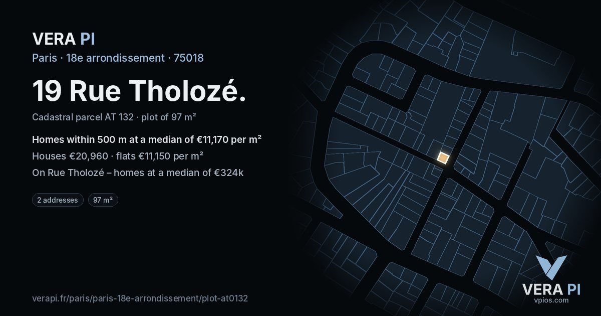 19 Rue Tholozé, 18e arrondissement at night – the plot lit, the parcels around coloured by the prices near them