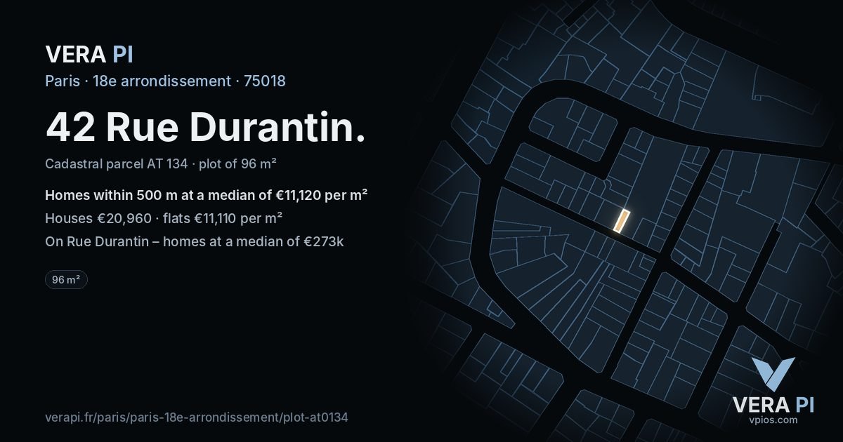 42 Rue Durantin, 18e arrondissement at night – the plot lit, the parcels around coloured by the prices near them