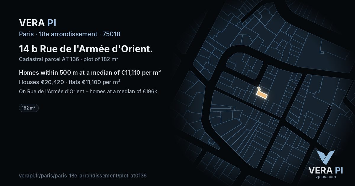 14 b Rue de l'Armée d'Orient, 18e arrondissement at night – the plot lit, the parcels around coloured by the prices near them