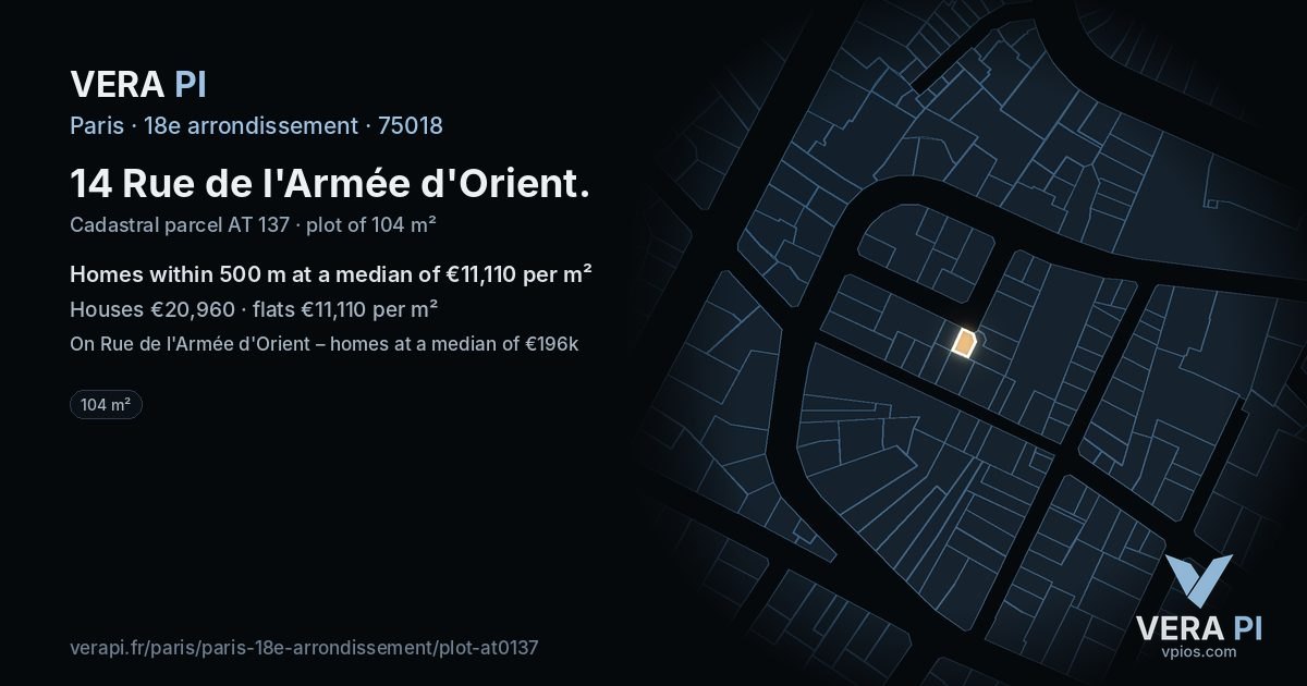 14 Rue de l'Armée d'Orient, 18e arrondissement at night – the plot lit, the parcels around coloured by the prices near them