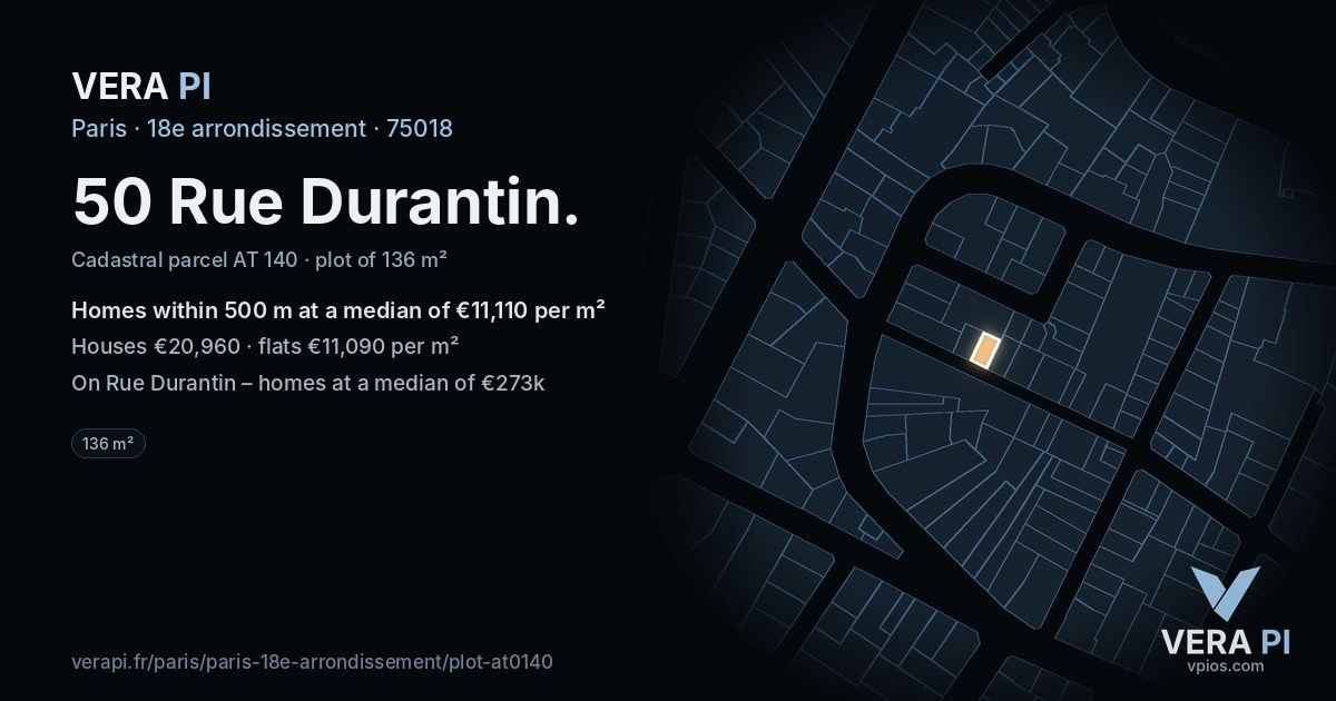 50 Rue Durantin, 18e arrondissement at night – the plot lit, the parcels around coloured by the prices near them