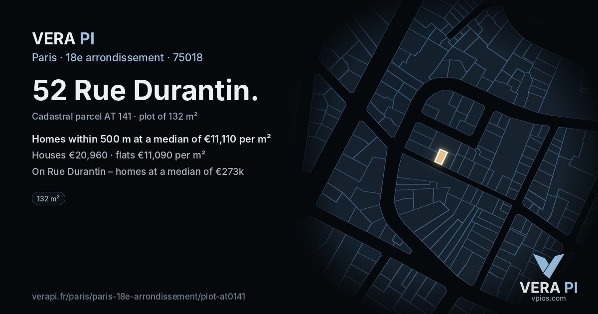 52 Rue Durantin, 18e arrondissement at night – the plot lit, the parcels around coloured by the prices near them