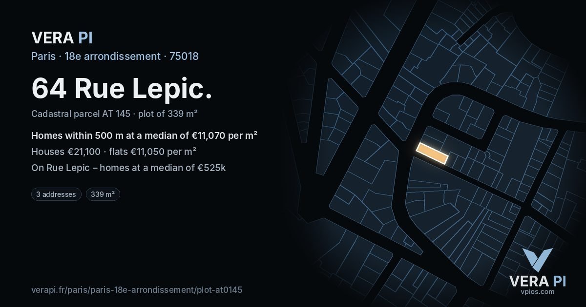 64 Rue Lepic, 18e arrondissement at night – the plot lit, the parcels around coloured by the prices near them