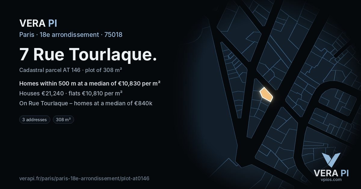 7 Rue Tourlaque, 18e arrondissement at night – the plot lit, the parcels around coloured by the prices near them