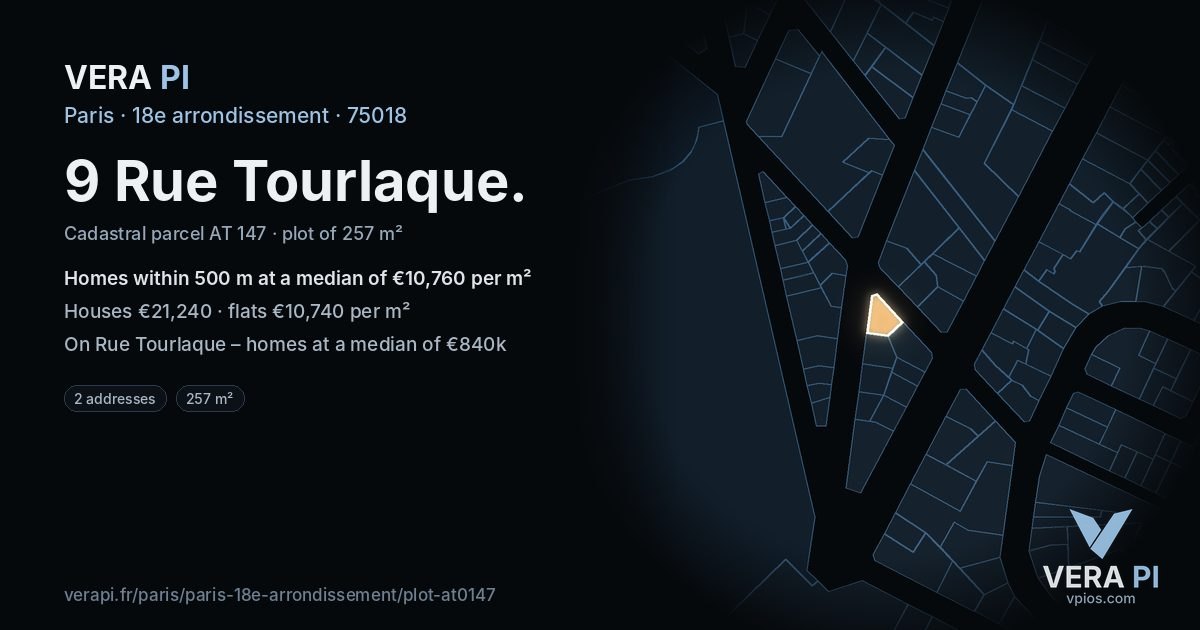 9 Rue Tourlaque, 18e arrondissement at night – the plot lit, the parcels around coloured by the prices near them