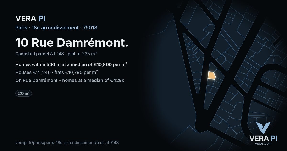 10 Rue Damrémont, 18e arrondissement at night – the plot lit, the parcels around coloured by the prices near them