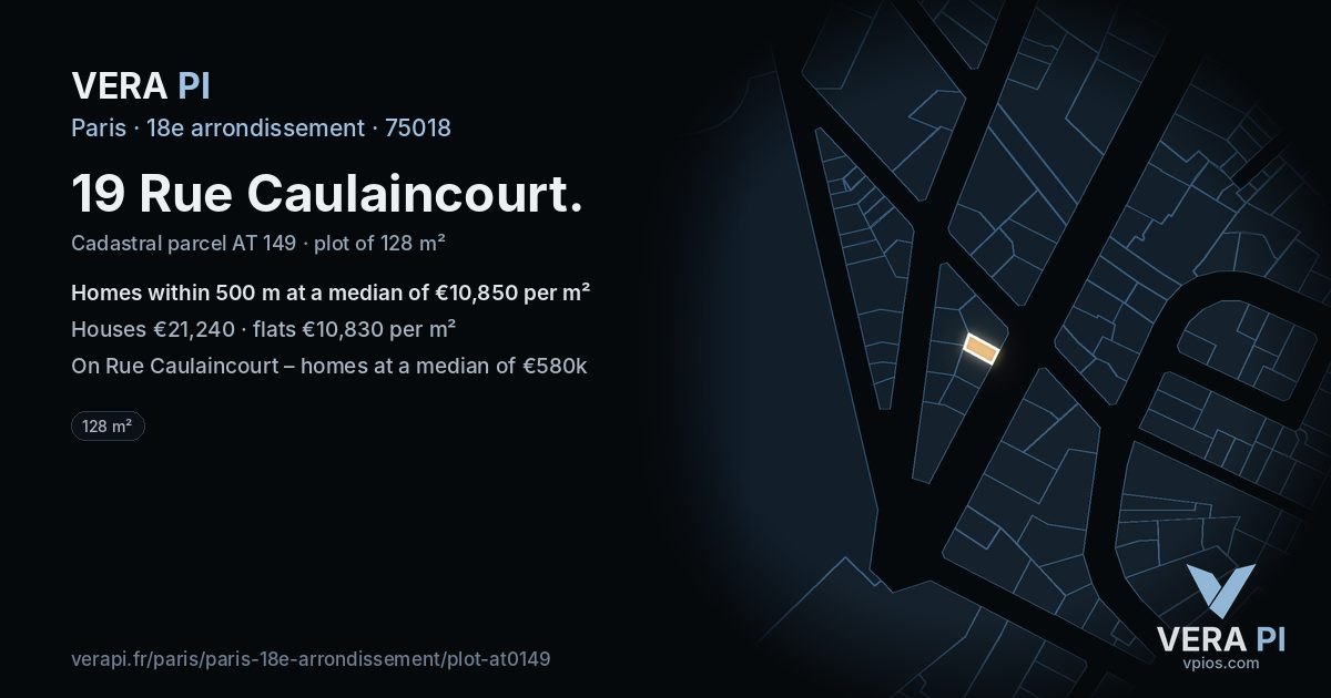 19 Rue Caulaincourt, 18e arrondissement at night – the plot lit, the parcels around coloured by the prices near them