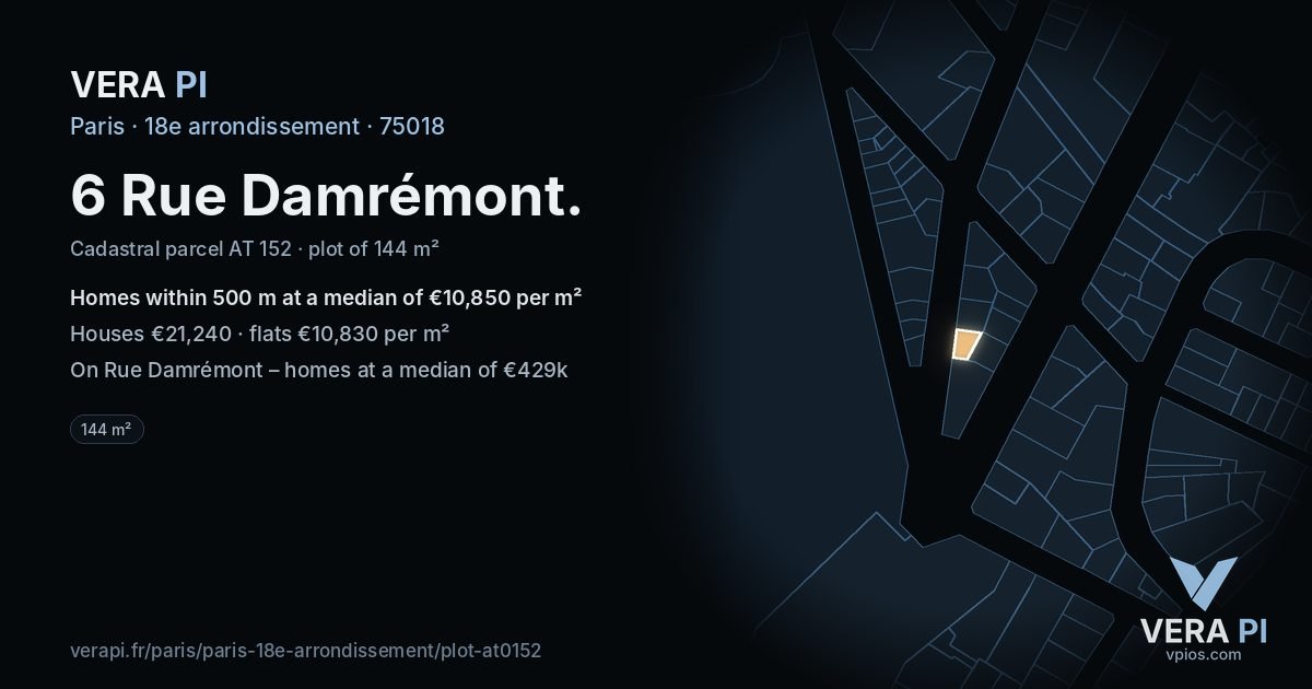 6 Rue Damrémont, 18e arrondissement at night – the plot lit, the parcels around coloured by the prices near them