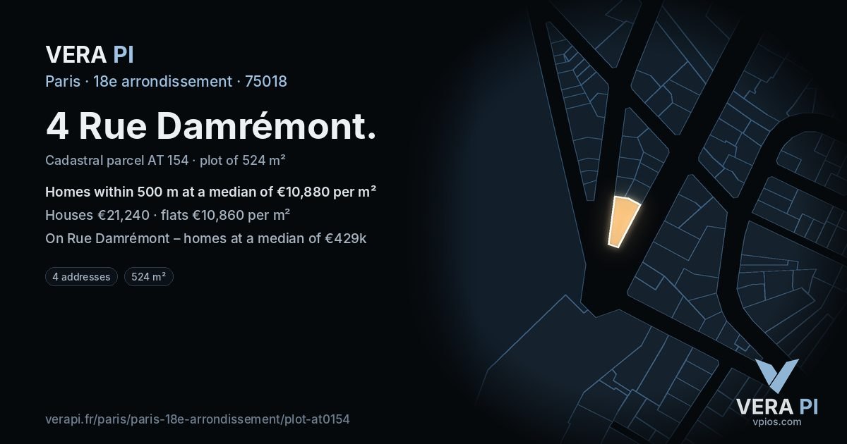 4 Rue Damrémont, 18e arrondissement at night – the plot lit, the parcels around coloured by the prices near them