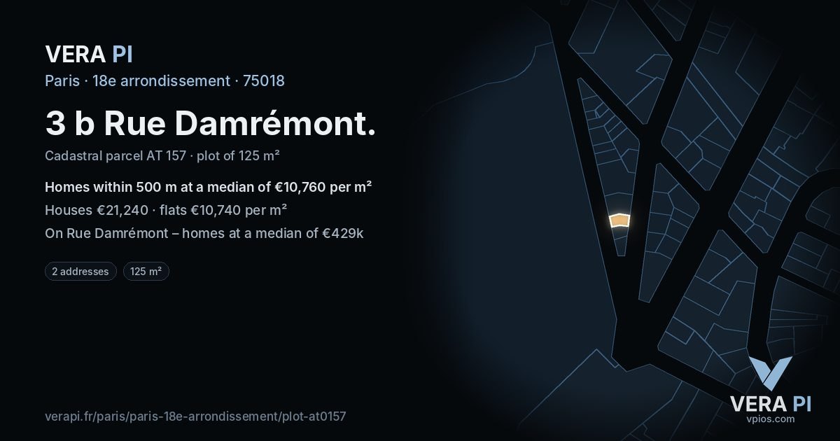 3 b Rue Damrémont, 18e arrondissement at night – the plot lit, the parcels around coloured by the prices near them