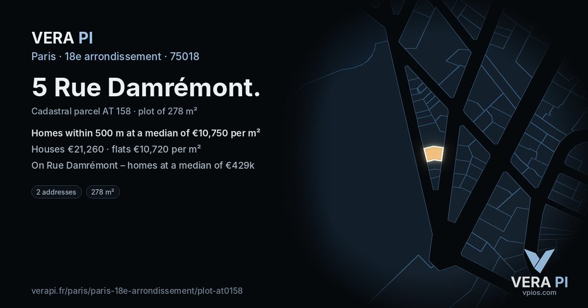 5 Rue Damrémont, 18e arrondissement at night – the plot lit, the parcels around coloured by the prices near them