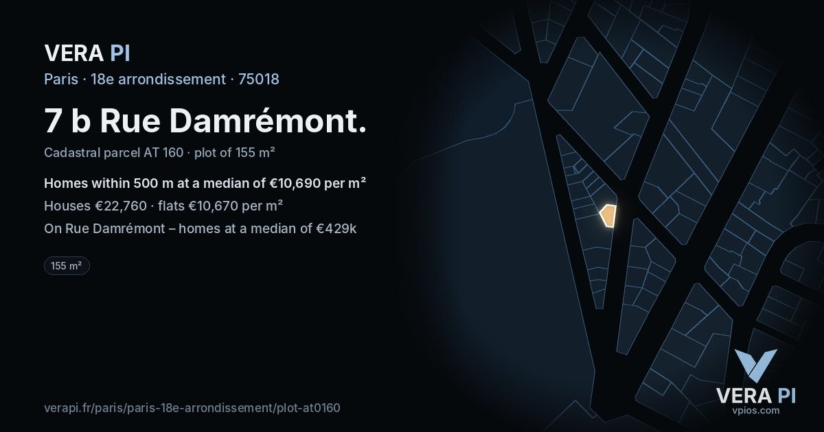 7 b Rue Damrémont, 18e arrondissement at night – the plot lit, the parcels around coloured by the prices near them