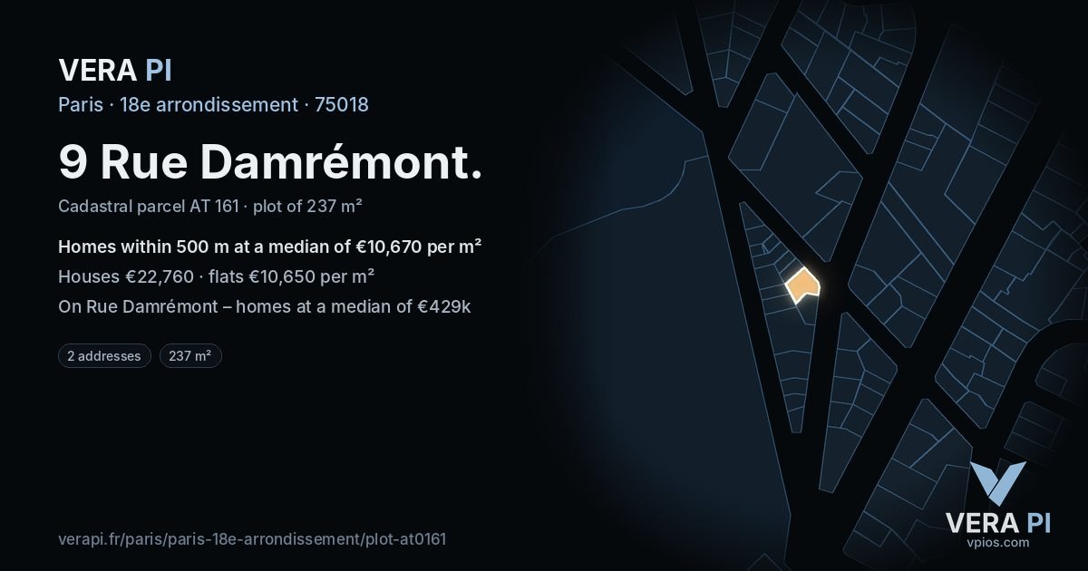9 Rue Damrémont, 18e arrondissement at night – the plot lit, the parcels around coloured by the prices near them