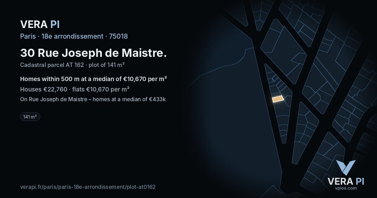 30 Rue Joseph de Maistre, 18e arrondissement at night – the plot lit, the parcels around coloured by the prices near them
