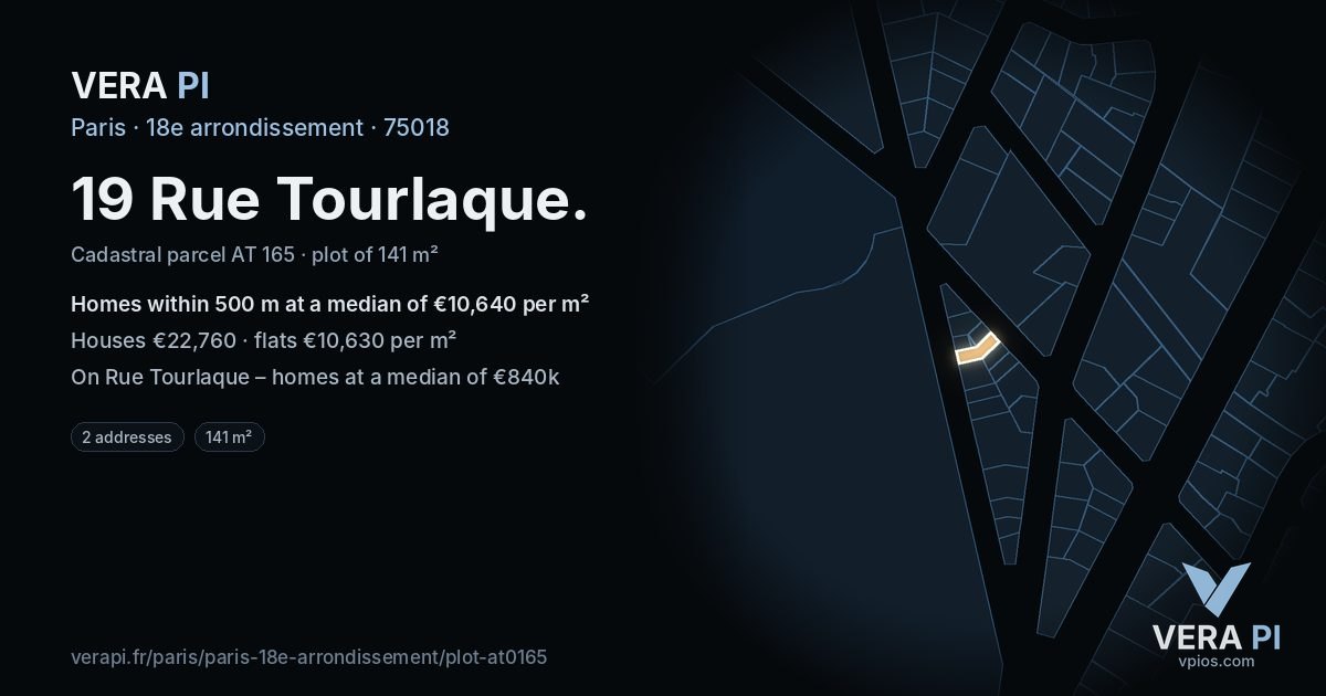 19 Rue Tourlaque, 18e arrondissement at night – the plot lit, the parcels around coloured by the prices near them