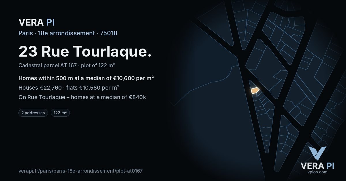 23 Rue Tourlaque, 18e arrondissement at night – the plot lit, the parcels around coloured by the prices near them