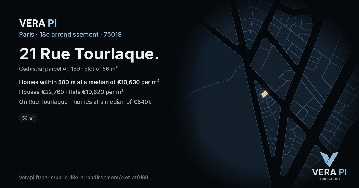21 Rue Tourlaque, 18e arrondissement at night – the plot lit, the parcels around coloured by the prices near them