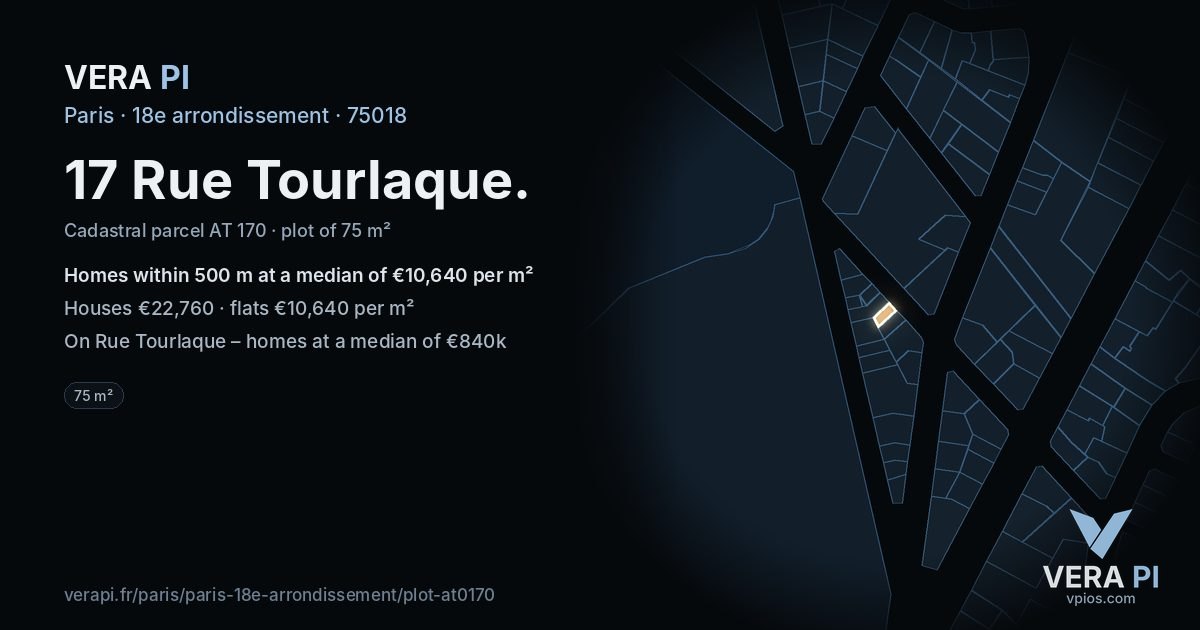17 Rue Tourlaque, 18e arrondissement at night – the plot lit, the parcels around coloured by the prices near them