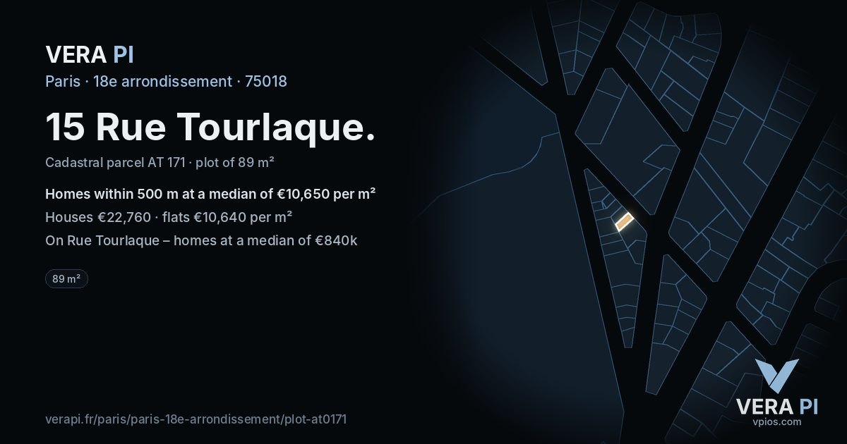15 Rue Tourlaque, 18e arrondissement at night – the plot lit, the parcels around coloured by the prices near them