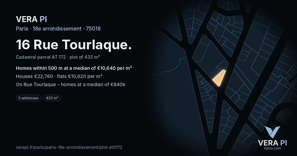 16 Rue Tourlaque, 18e arrondissement at night – the plot lit, the parcels around coloured by the prices near them