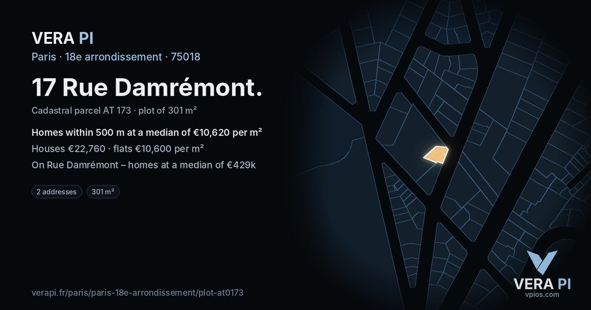 17 Rue Damrémont, 18e arrondissement at night – the plot lit, the parcels around coloured by the prices near them