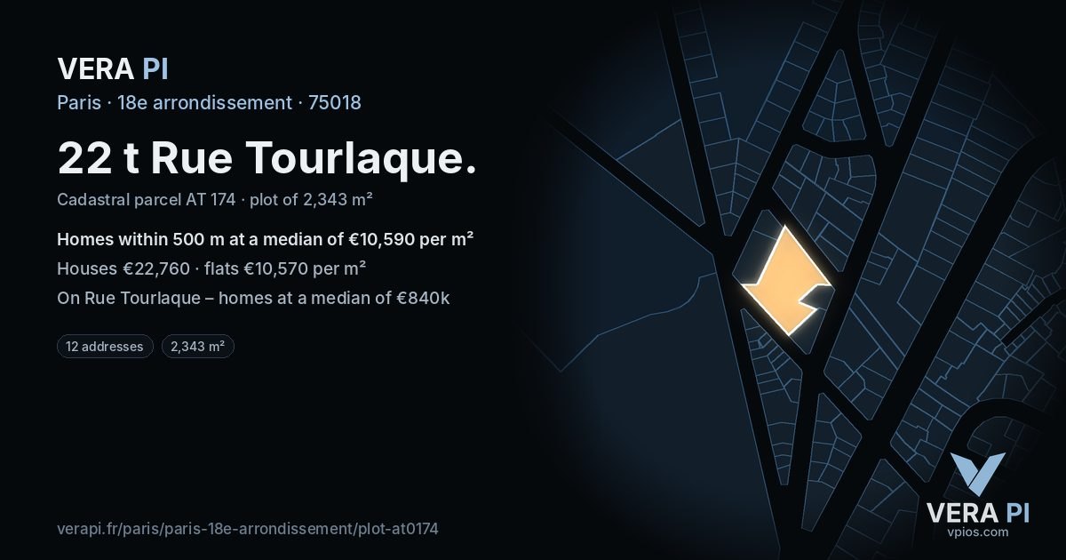 22 t Rue Tourlaque, 18e arrondissement at night – the plot lit, the parcels around coloured by the prices near them