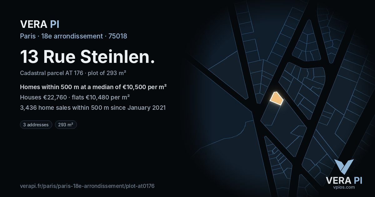 13 Rue Steinlen, 18e arrondissement at night – the plot lit, the parcels around coloured by the prices near them