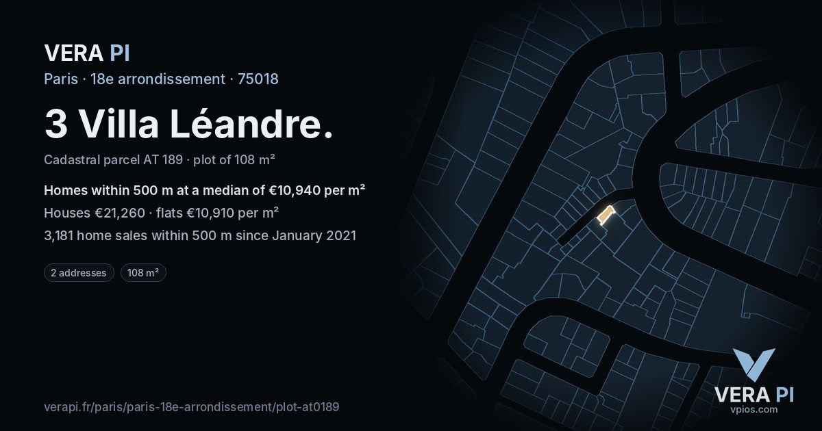 3 Villa Léandre, 18e arrondissement at night – the plot lit, the parcels around coloured by the prices near them