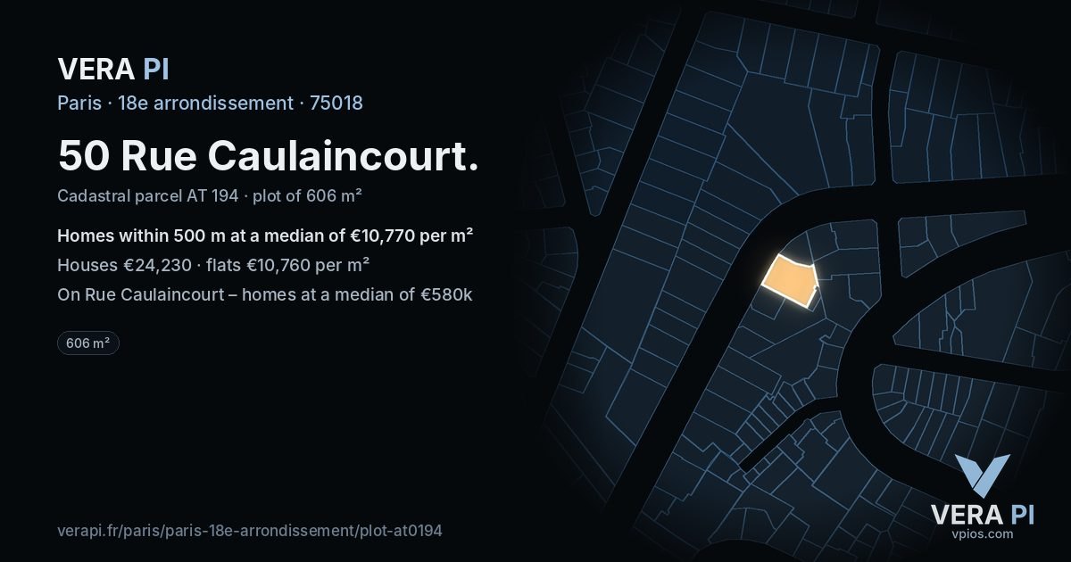 50 Rue Caulaincourt, 18e arrondissement at night – the plot lit, the parcels around coloured by the prices near them
