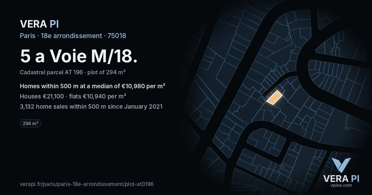 5 a Voie M/18, 18e arrondissement at night – the plot lit, the parcels around coloured by the prices near them