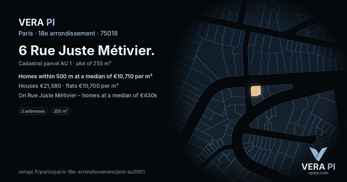 6 Rue Juste Métivier, 18e arrondissement at night – the plot lit, the parcels around coloured by the prices near them