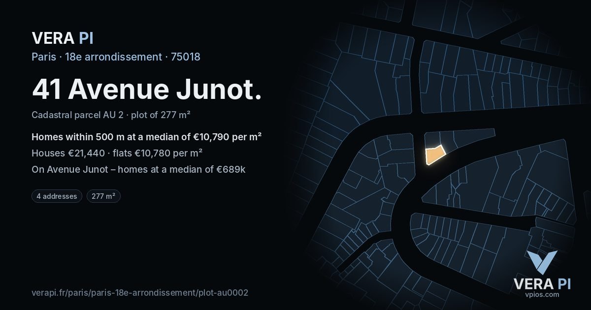 41 Avenue Junot, 18e arrondissement at night – the plot lit, the parcels around coloured by the prices near them