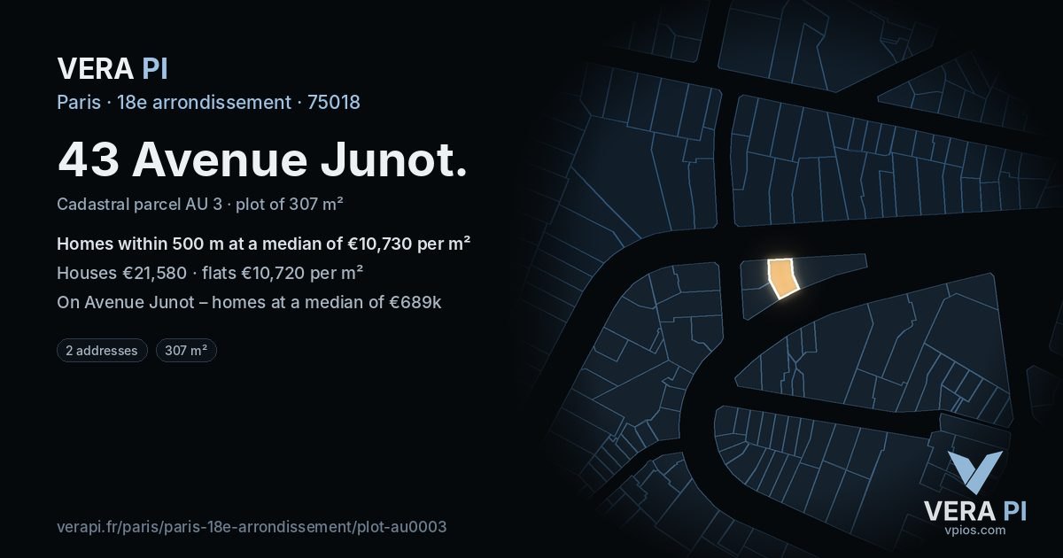 43 Avenue Junot, 18e arrondissement at night – the plot lit, the parcels around coloured by the prices near them