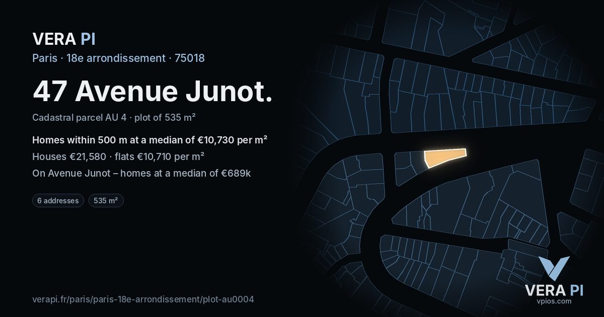 47 Avenue Junot, 18e arrondissement at night – the plot lit, the parcels around coloured by the prices near them