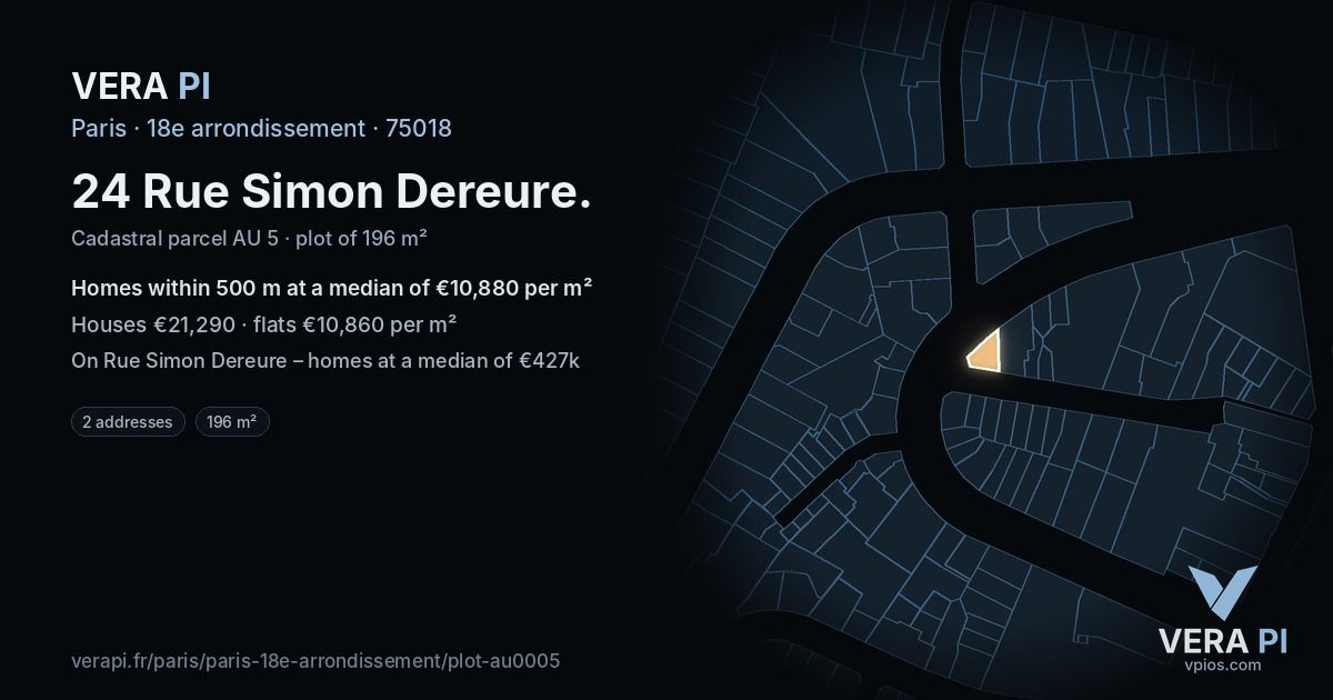 24 Rue Simon Dereure, 18e arrondissement at night – the plot lit, the parcels around coloured by the prices near them