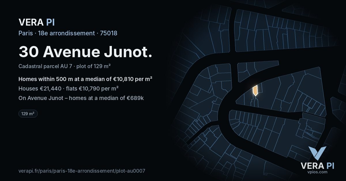 30 Avenue Junot, 18e arrondissement at night – the plot lit, the parcels around coloured by the prices near them