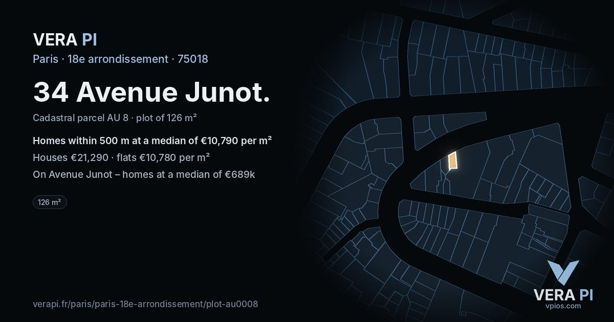 34 Avenue Junot, 18e arrondissement at night – the plot lit, the parcels around coloured by the prices near them