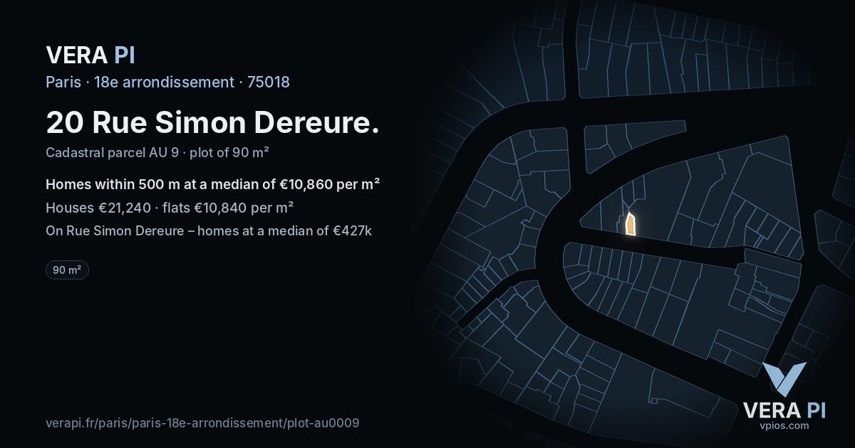 20 Rue Simon Dereure, 18e arrondissement at night – the plot lit, the parcels around coloured by the prices near them